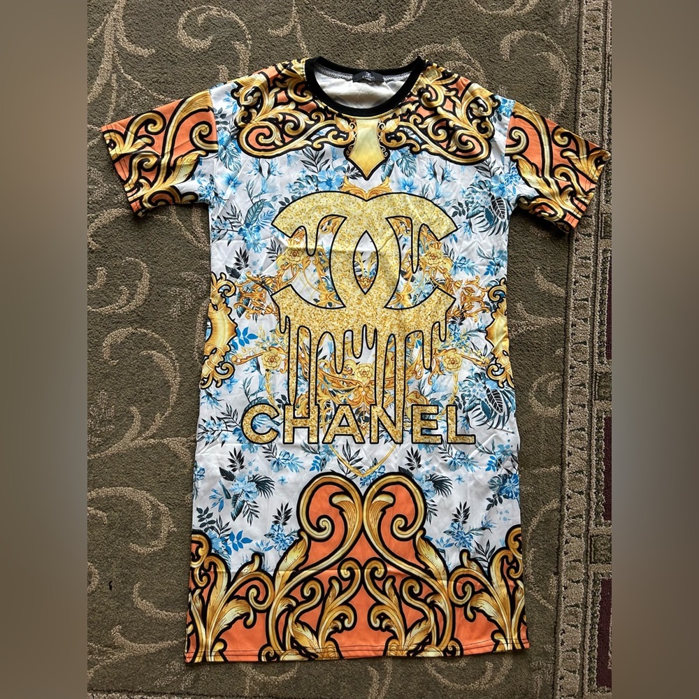 CHANEL Ornate Gold and Blue T-Shirt Dress with Pockets